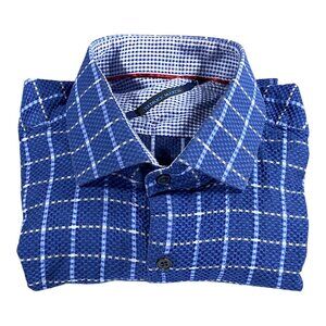 Fredrick Martin Shirt Mens M Cotton Blue Plaid Textured Embroidered Logo Pocket